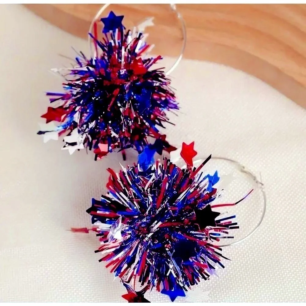 Red, Silver and Blue Tinsel Hoop Earrings